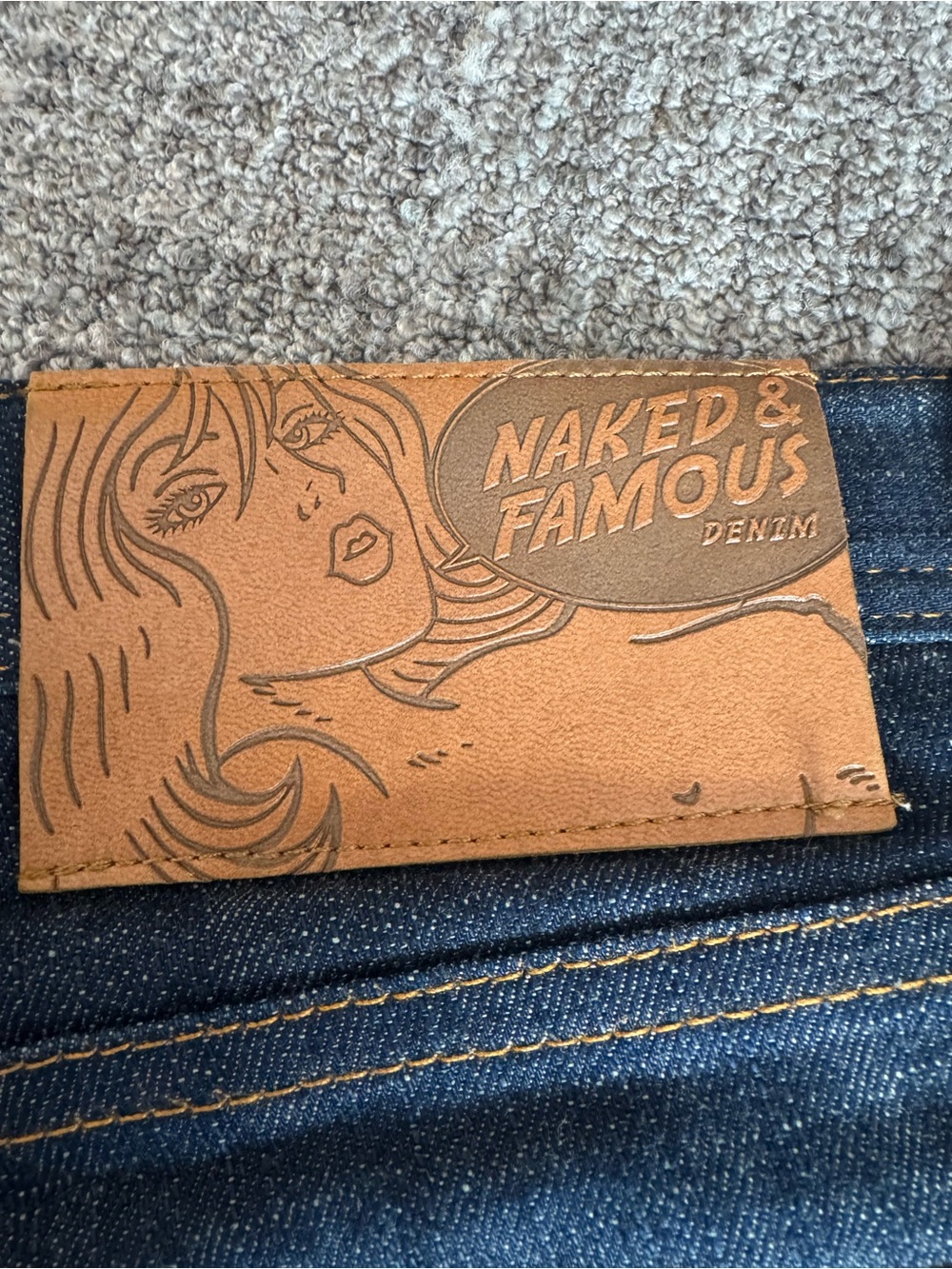 Naked & Famous Denim Blue Men’s Jeans with Brown Leather Patch